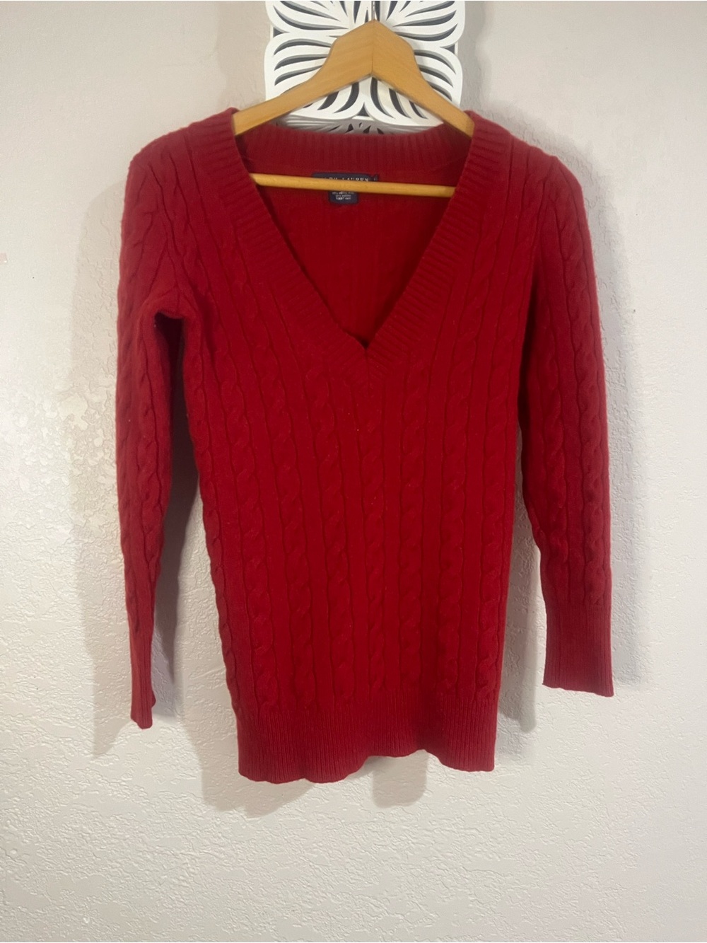 Ralph Lauren Red Cable-Knit V-Neck Sweater